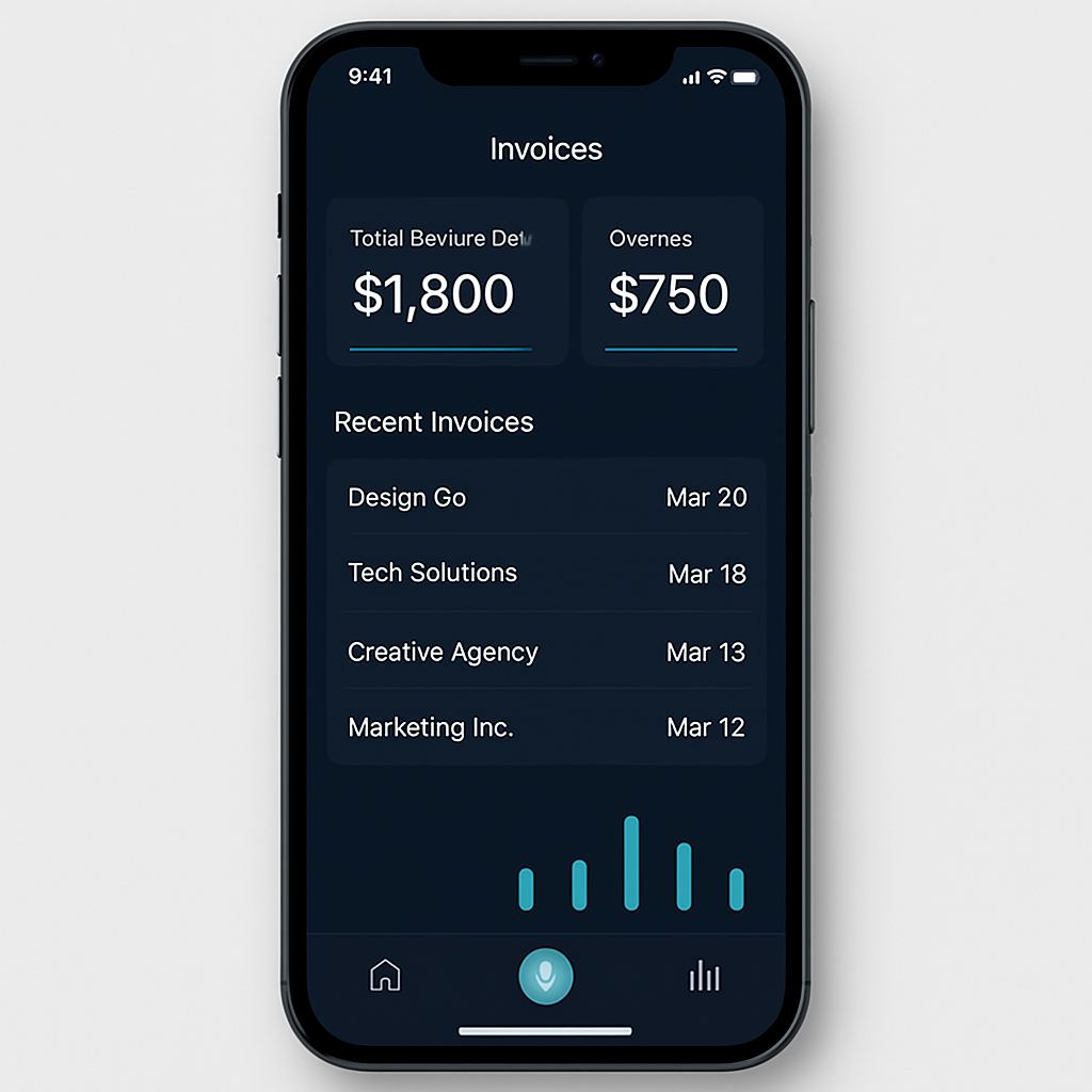 Invoice Tracker Pro dashboard showing balances, recent invoices, and due dates on an iPhone